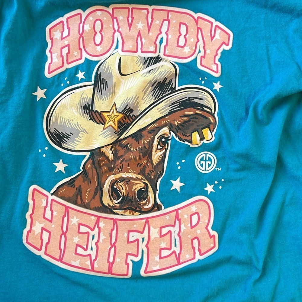 Girlie Girl Originals Teal Graphic Tee Howdy Heifer Cow L